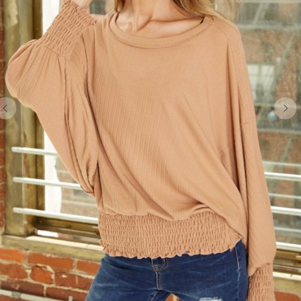 Pointelle knit raw edge detail smocking banded top